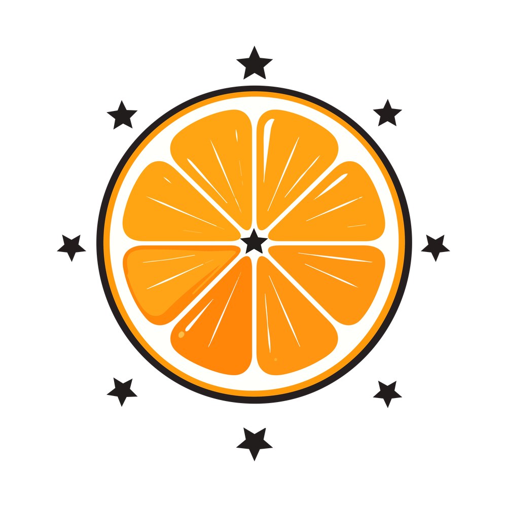 Orange slice cross-section with eight segments and dark rind, ringed by eight black stars