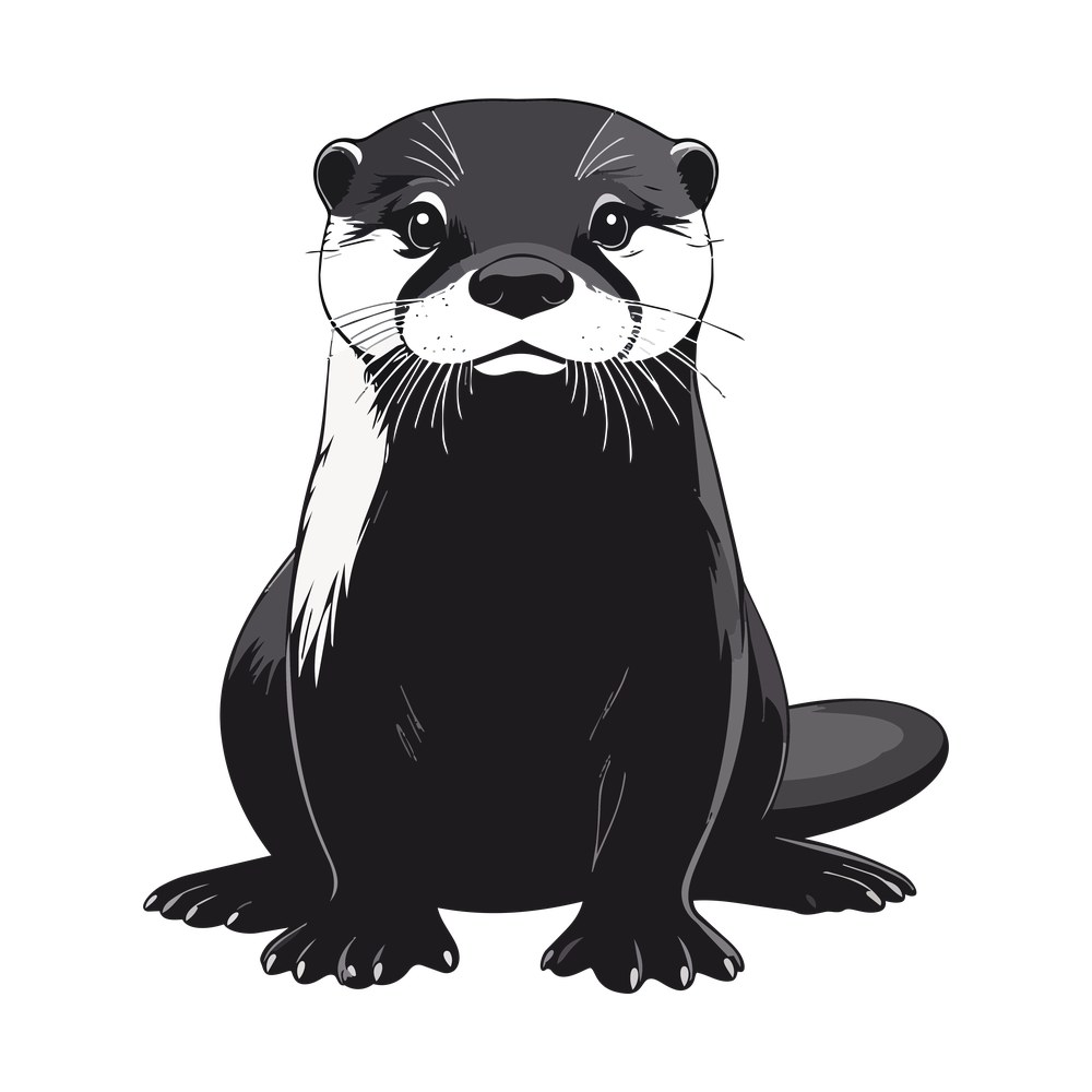 Front facing black and gray otter with white chest stripe, whiskers and webbed feet