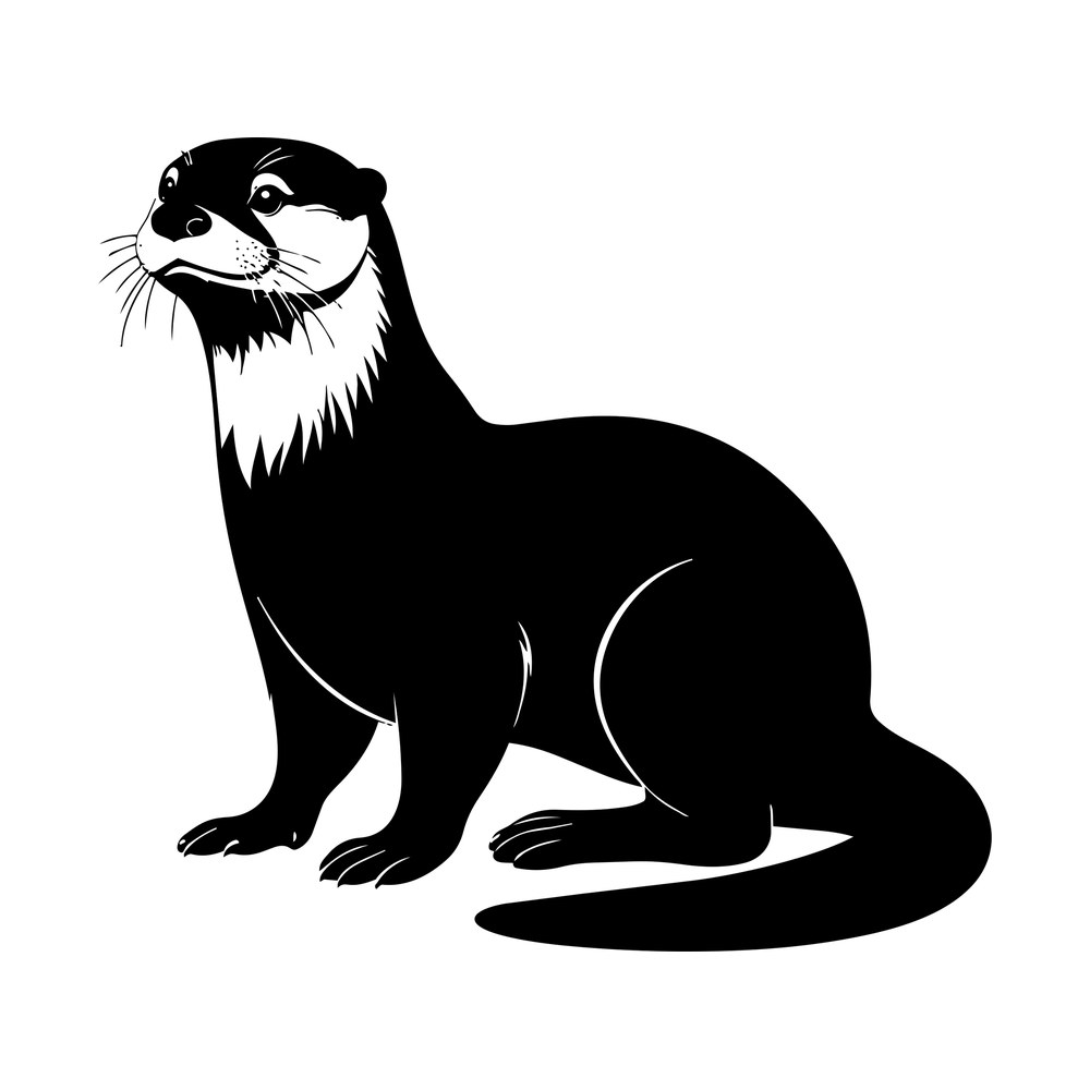 Black otter silhouette sitting upright with whiskers, pale chest bib and long tail