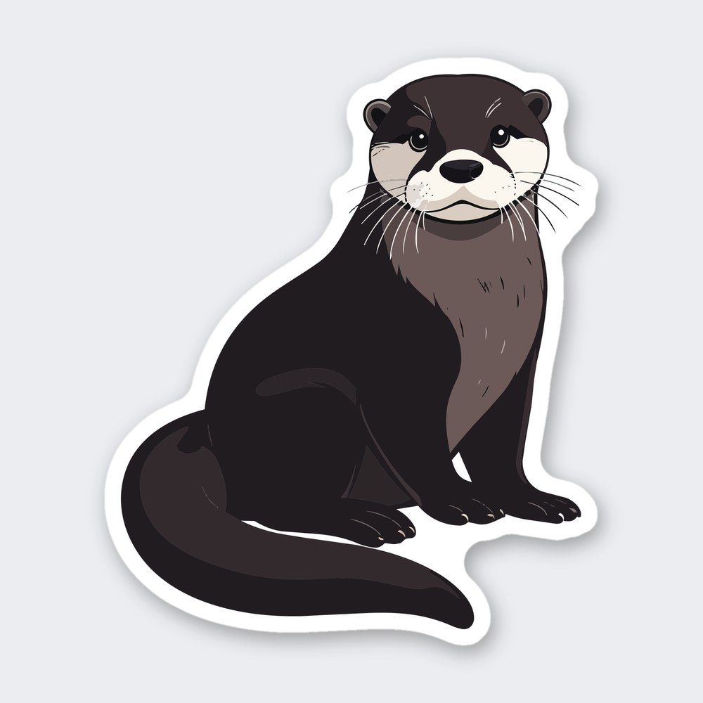 Brown river otter sticker sitting with curled tail, cream muzzle, black nose and whiskers