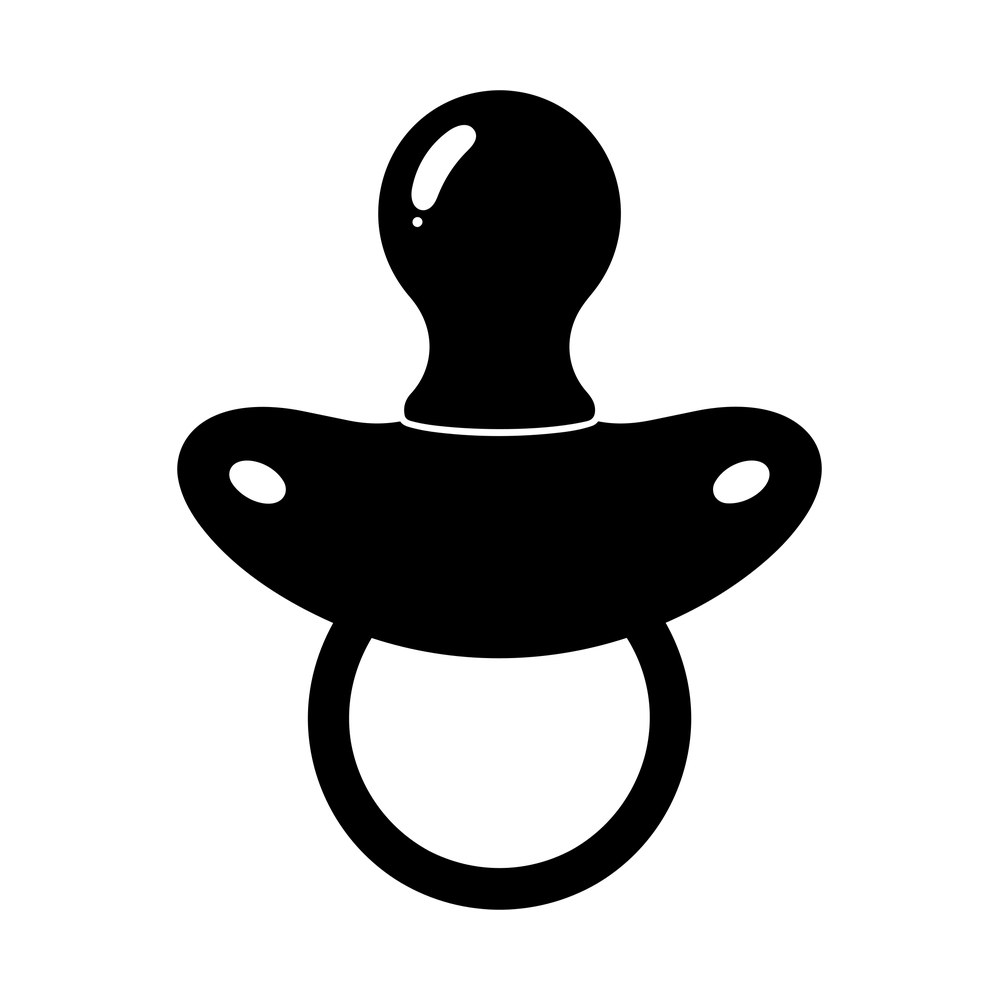 Black pacifier silhouette with rounded nipple, shield with two air slots and a ring handle