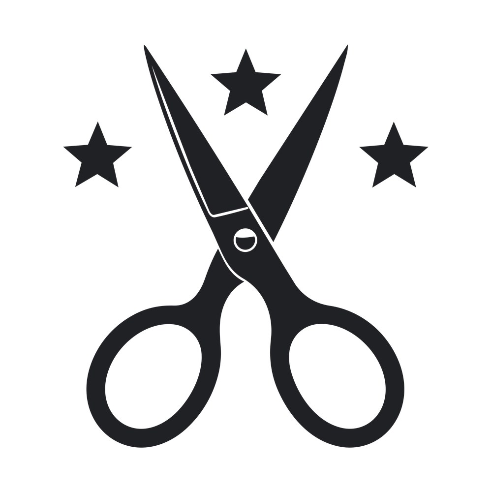 Open pair of craft scissors in black with three five-point stars around the blades