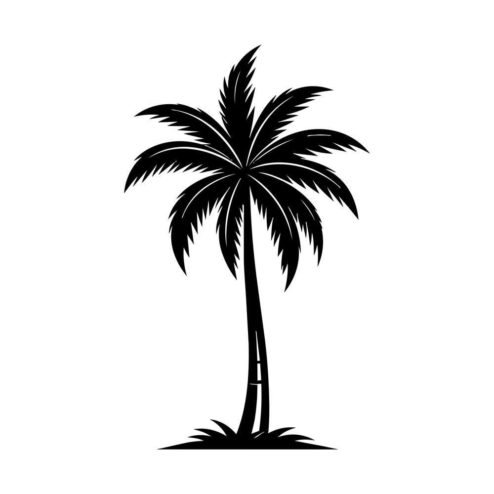 Black silhouette of a tall palm tree with curved trunk, spreading fronds and grass at its base