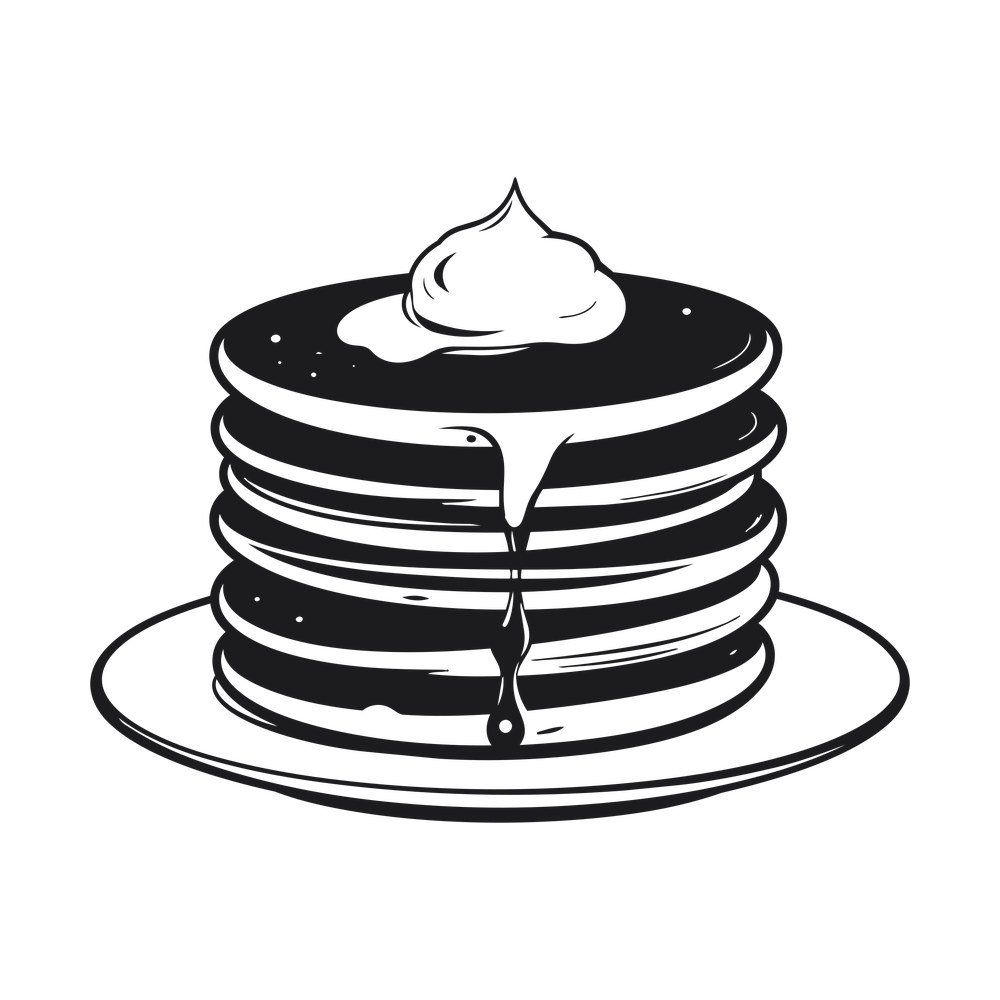 Stack of five pancakes on a plate with butter on top and syrup dripping down the side
