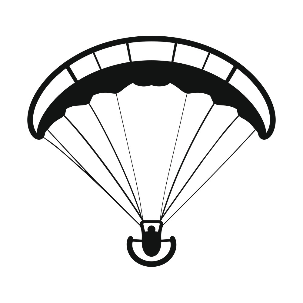Black paraglider with a cell-panel canopy, thin rigging lines and a pilot in a harness