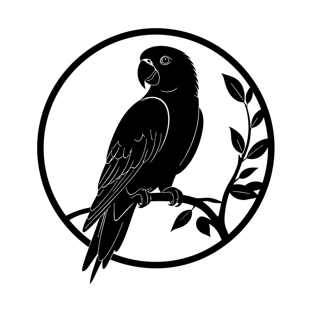 Black parrot silhouette perched on a branch inside a circle frame with a leafy vine