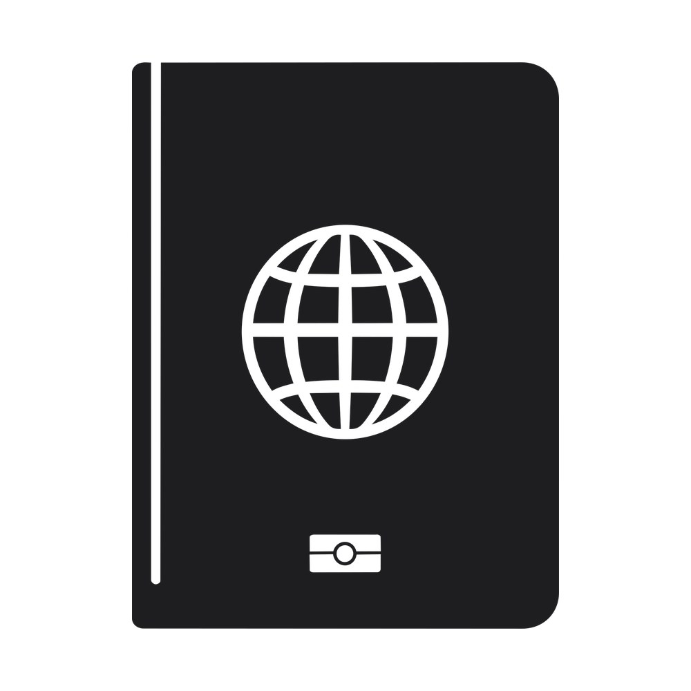 Dark passport booklet sticker with a white globe grid emblem and small chip symbol on the cover