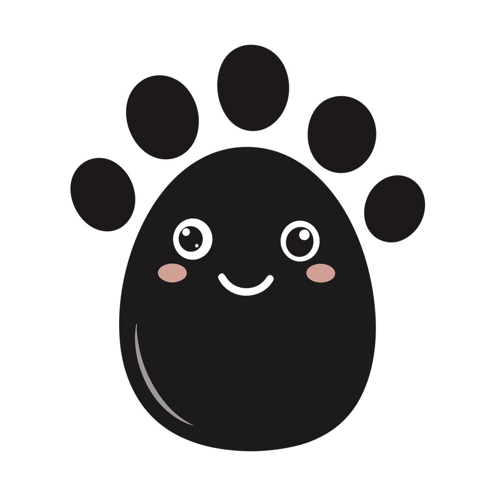 Kawaii black paw print with a smiling face, white sparkle eyes, pink cheeks and five toe beans