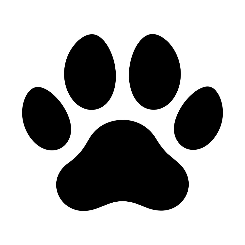 Solid black dog paw print sticker with four toe pads above a wide heel pad