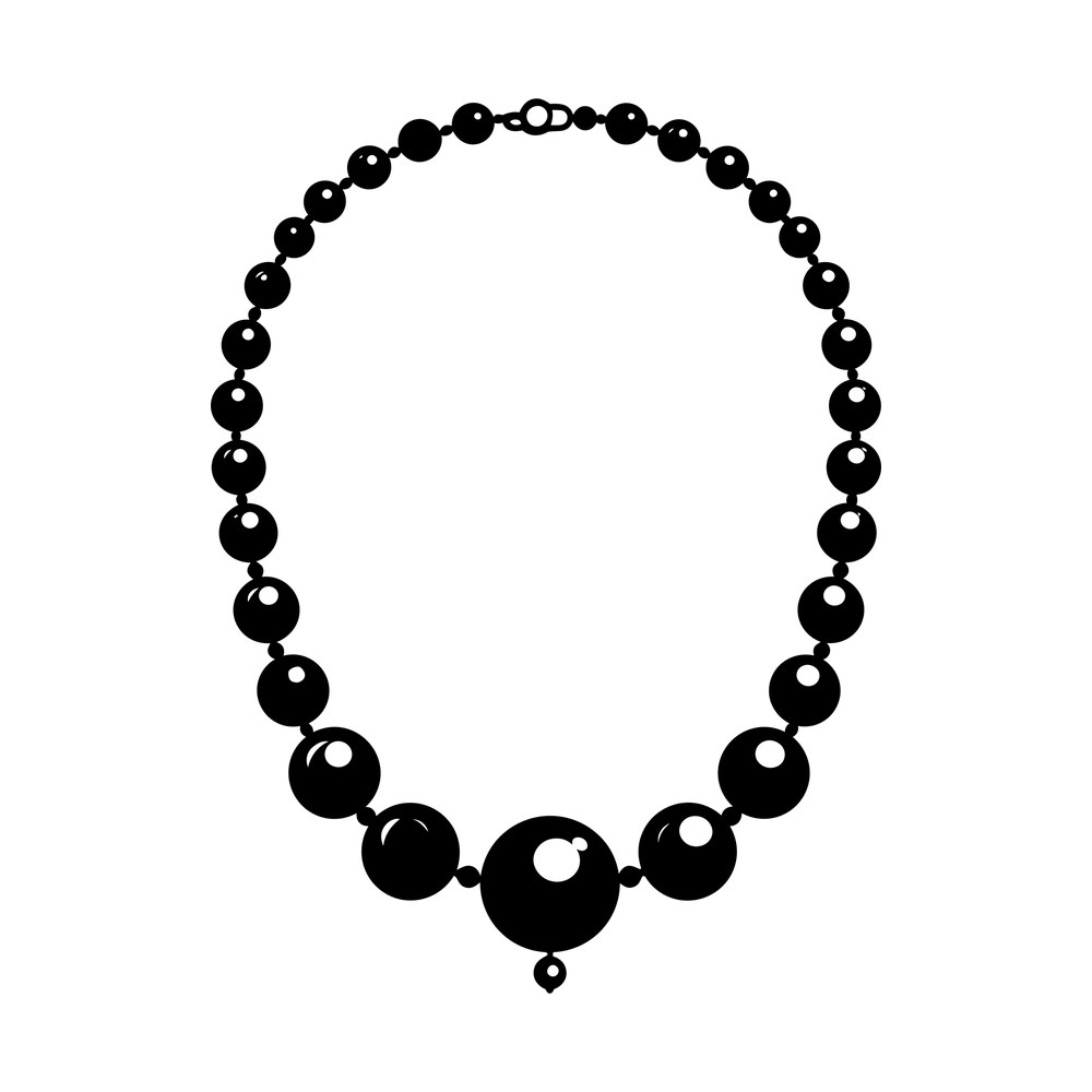 Black sticker of a pearl necklace strand with graduated beads, a large center pearl and small drop