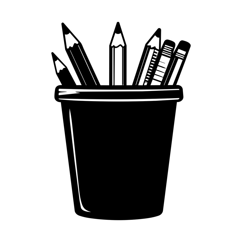 One-color decal of a cup filled with sharpened pencils, pens and a ruled marker