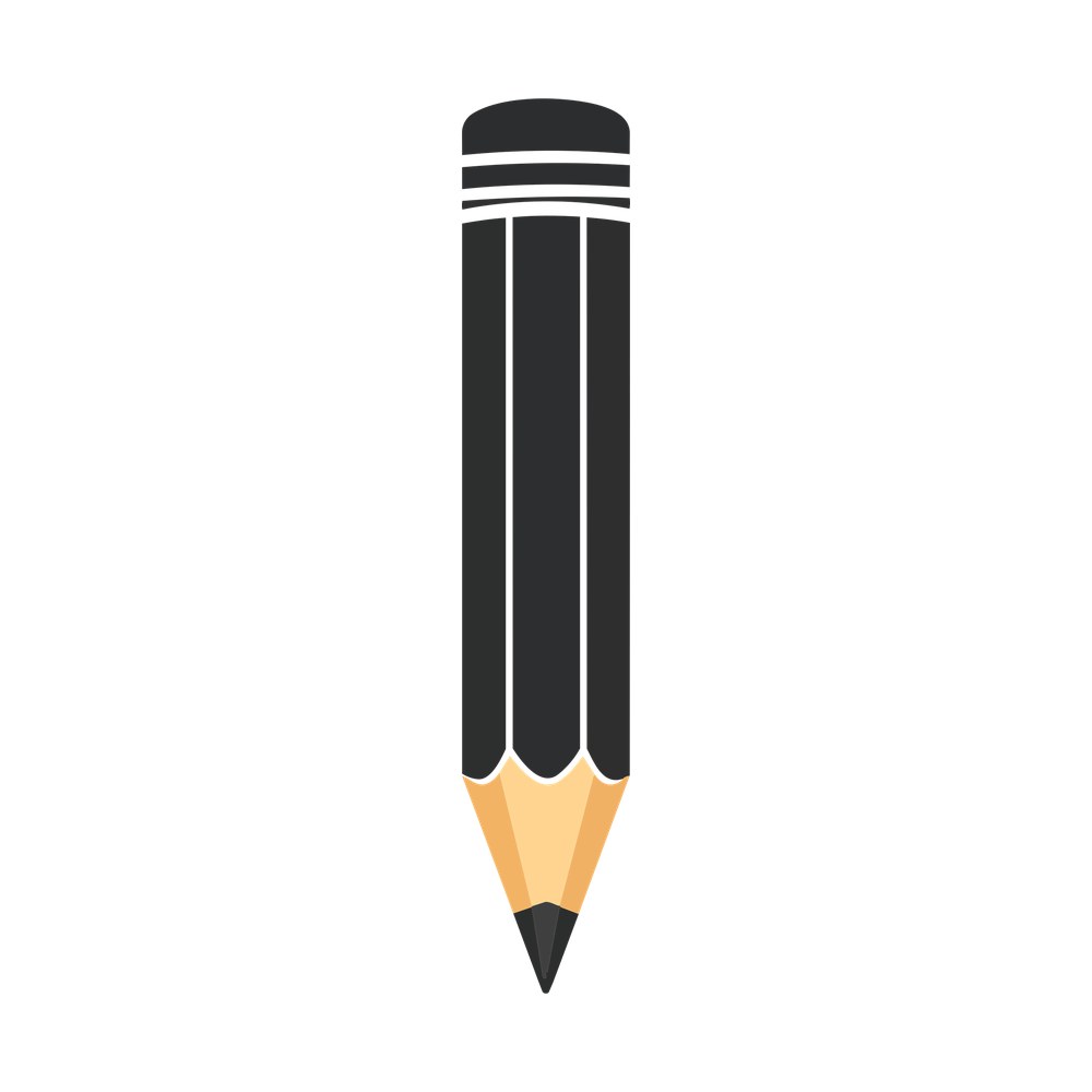Sticker of one sharpened pencil with dark barrel, white bands and tan wood tip, standing upright