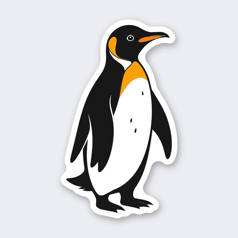 King penguin standing in profile with black back, white belly and orange throat and beak stripe