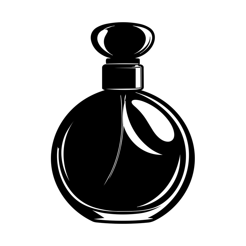 Black and white sticker of a round perfume bottle with an oval stopper and glass highlights