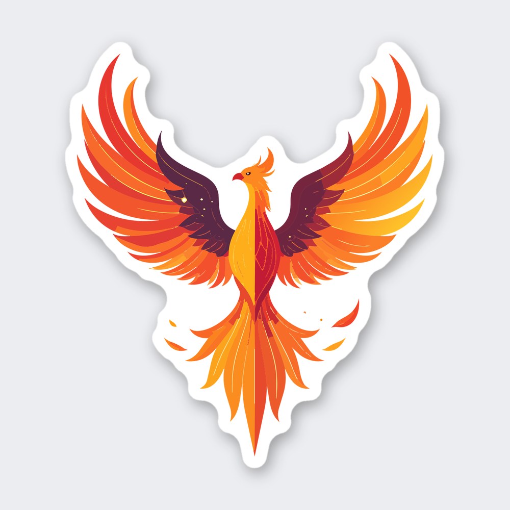 Phoenix bird with spread red and orange wings, gold body and long flame-shaped tail feathers