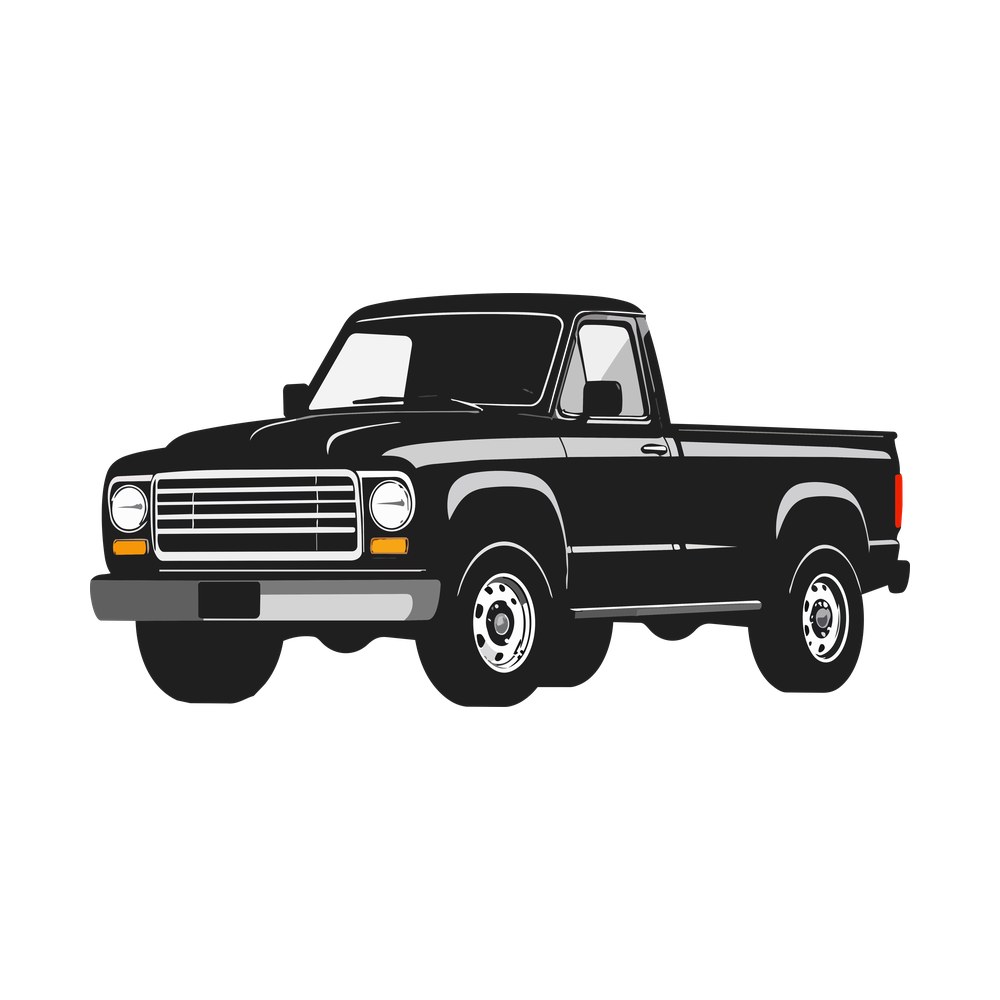 Classic black single cab pickup truck sticker with chrome grille and side stripe