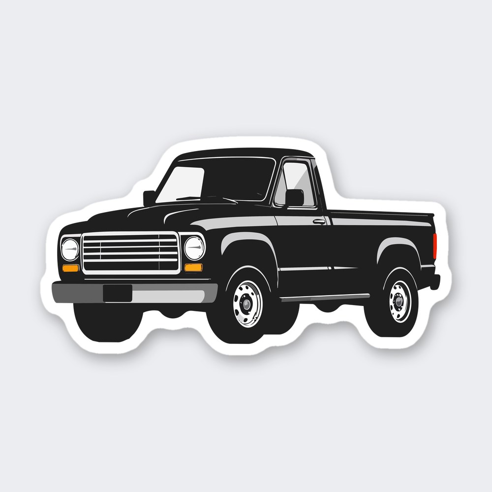 Classic black single cab pickup truck sticker with chrome grille and side stripe