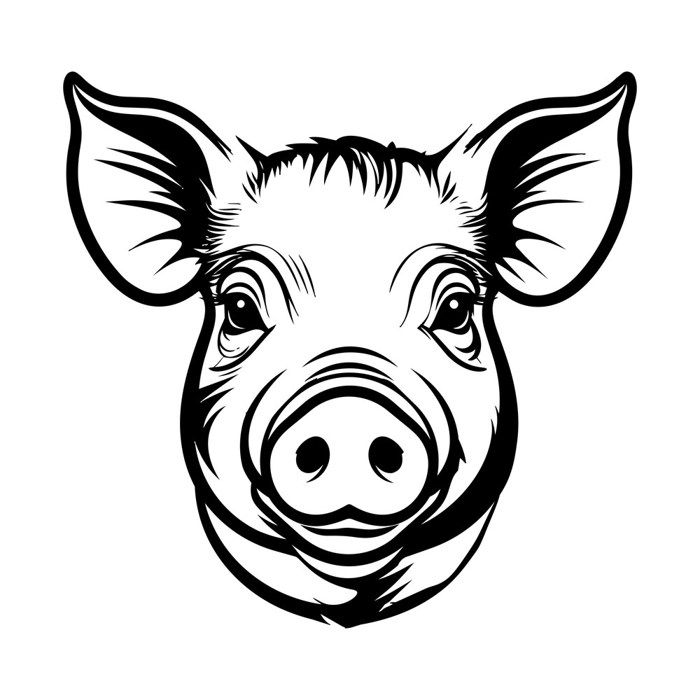 Bold black line art of a pig head facing forward with large ears, lashed eyes and a wide snout