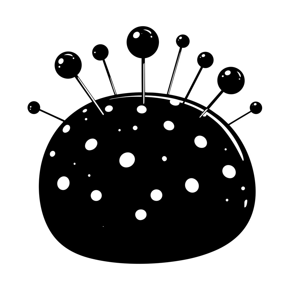 Polka dot pin cushion silhouette with eight ball head sewing pins stuck in at angles