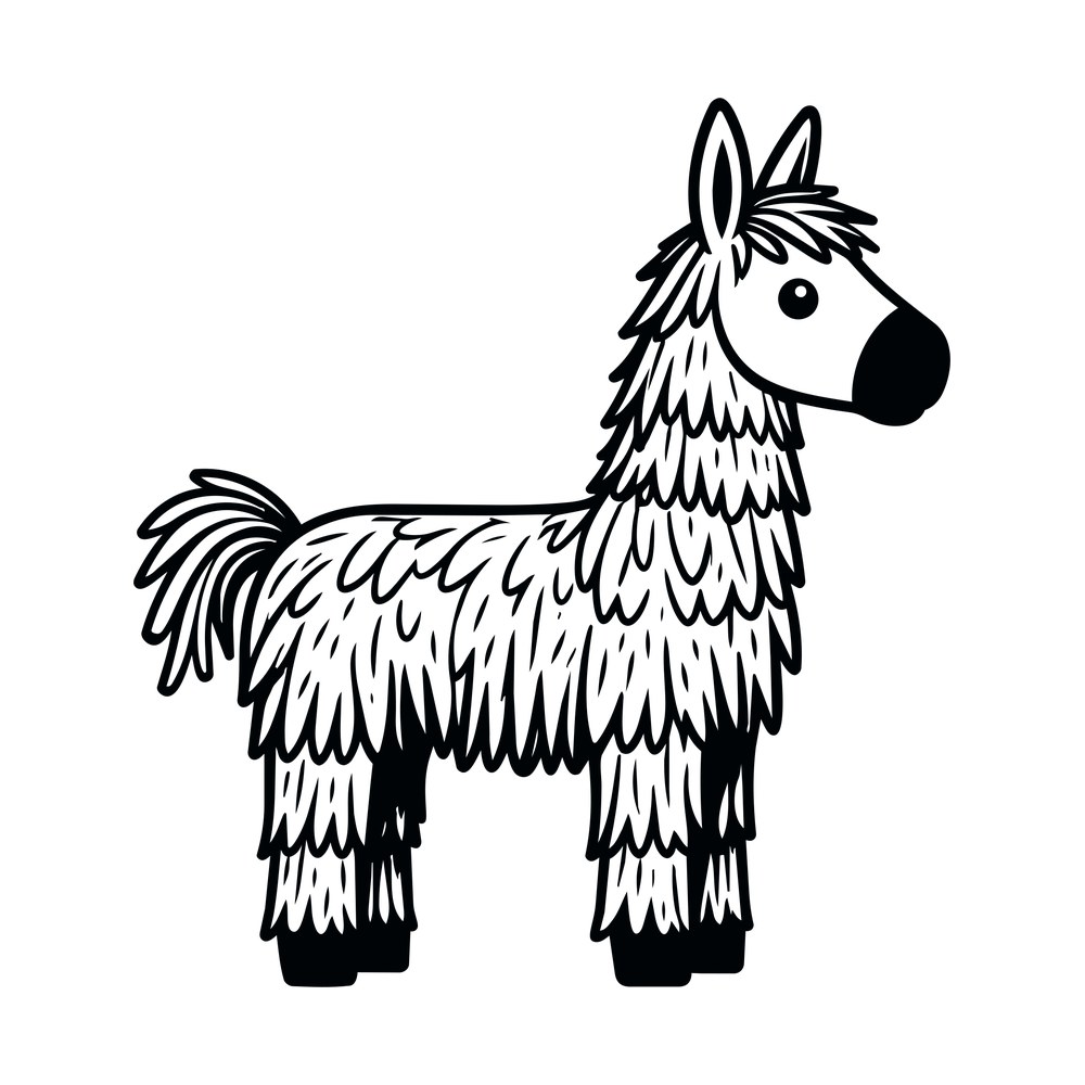 Side view donkey pinata line art with layered paper fringe body, tufted tail and dark muzzle