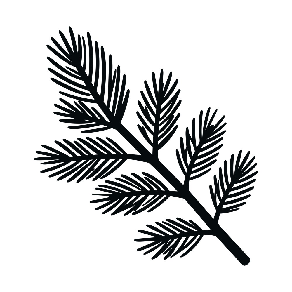 Bold pine branch silhouette with seven sprigs of long needles on a thick stem