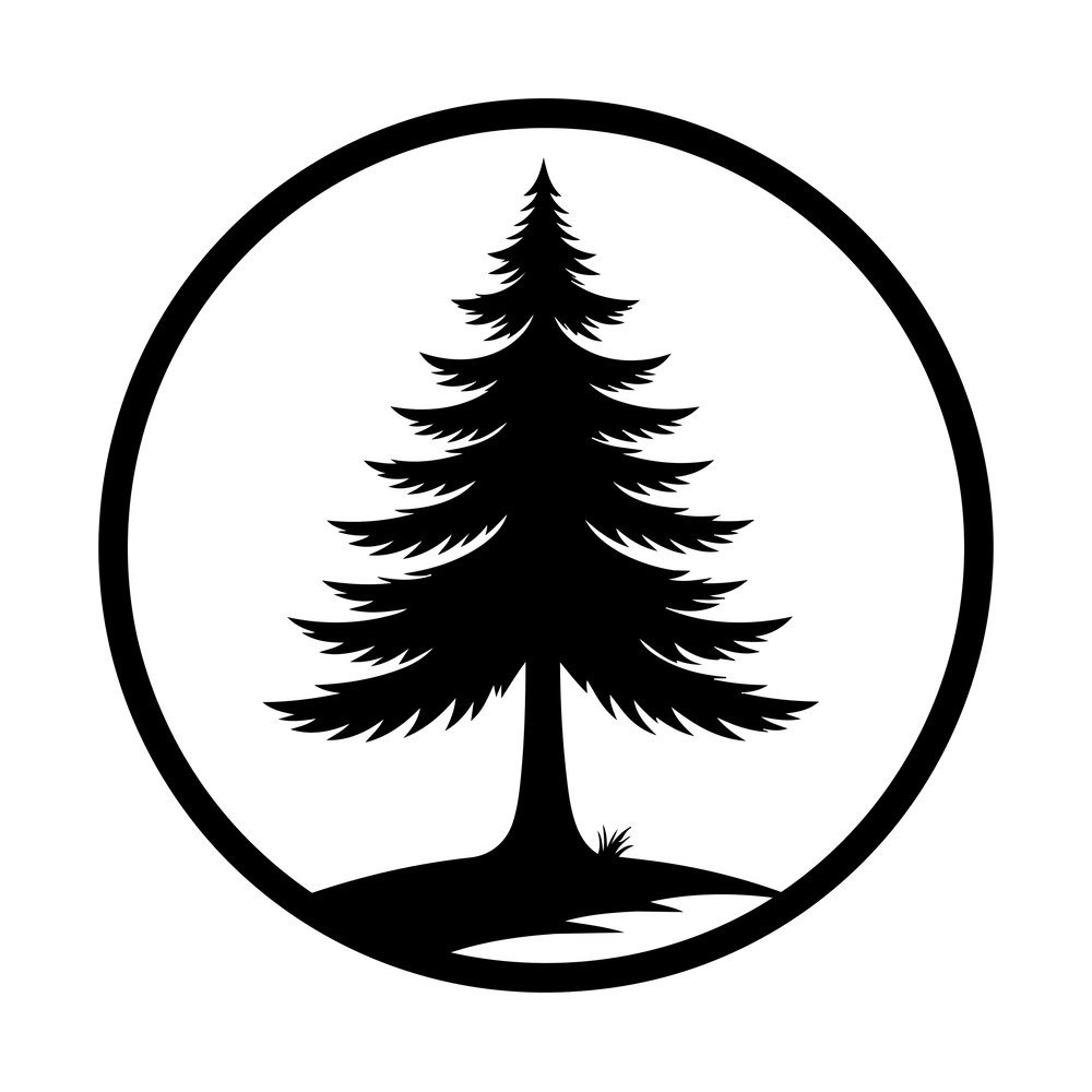Pine tree on a hillside inside a thin circle frame, black silhouette badge style