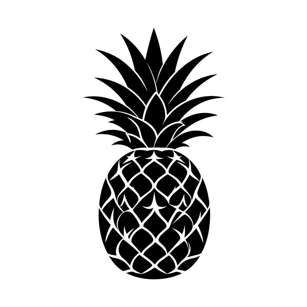 Black pineapple sticker with spiky leaf crown and crosshatched textured body