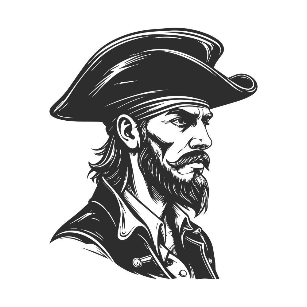 Line art profile of a bearded pirate wearing a tricorn hat and a collared coat