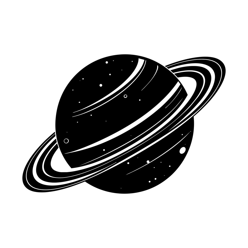 Black sticker of the planet Saturn with wide banded rings, cloud stripes and scattered star dots