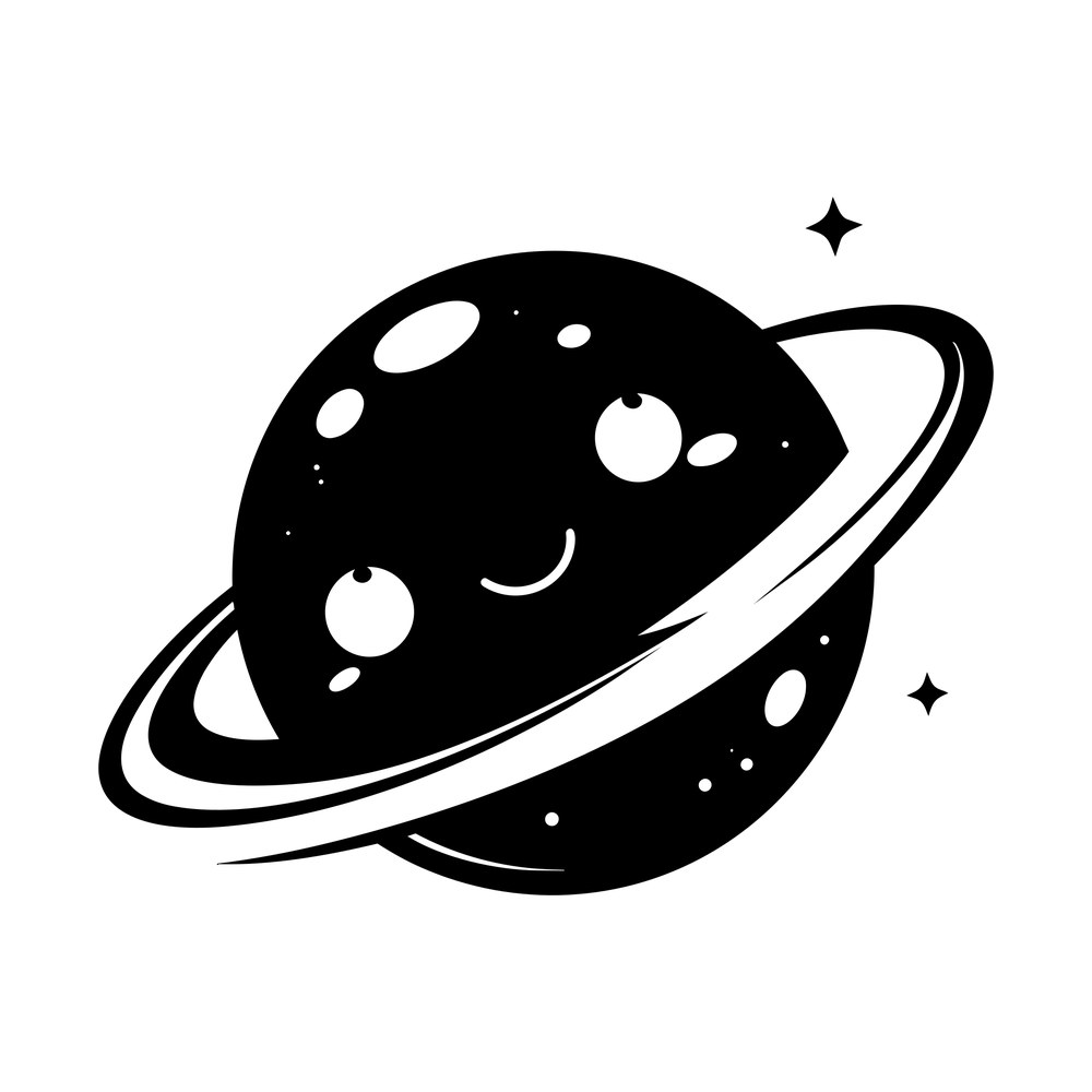 Cute kawaii planet with a tilted ring, craters, smiling face and two sparkle stars