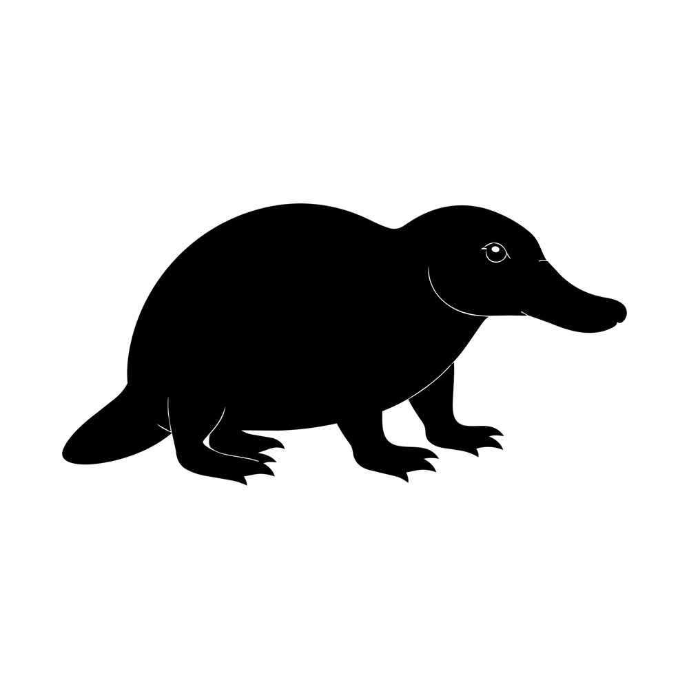 Black silhouette of a platypus in side profile with duck bill, webbed clawed feet and flat paddle tail