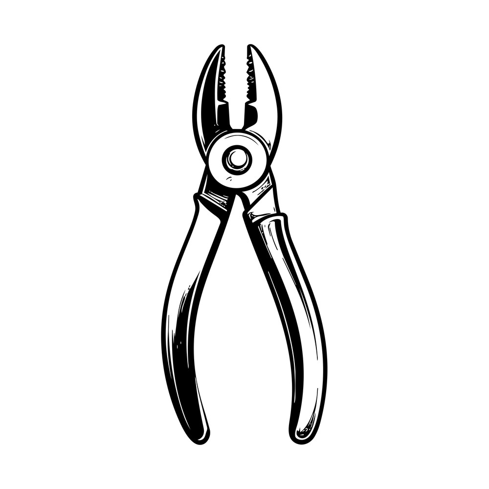 Line art silhouette of combination pliers with open serrated jaws and curved handles