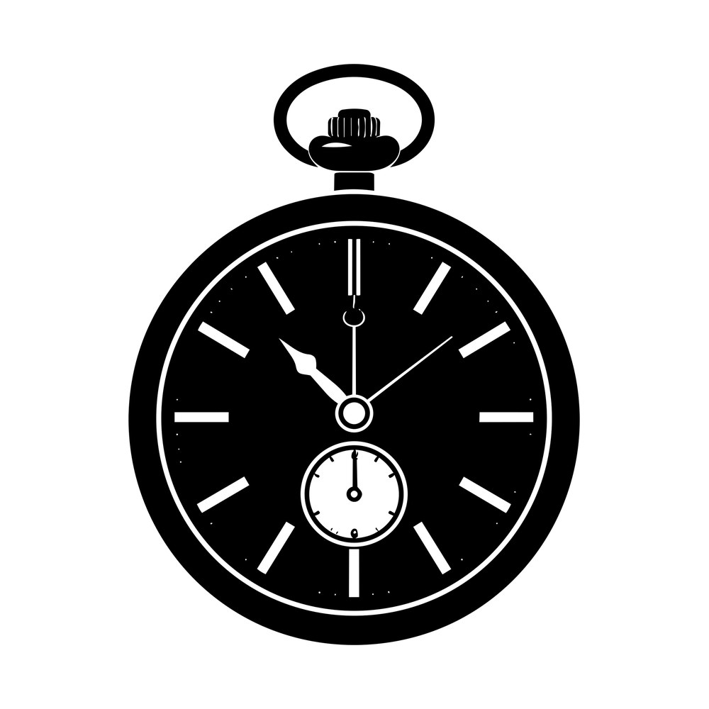 Black vintage pocket watch sticker with baton hour markers, small subdial, crown and oval bow loop