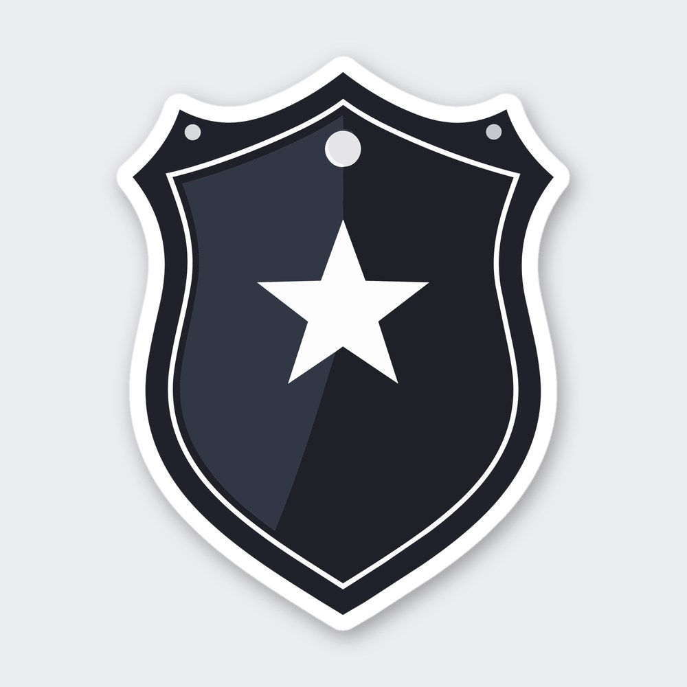 Dark navy shield-shaped police badge sticker with a white star in the center and three silver rivets