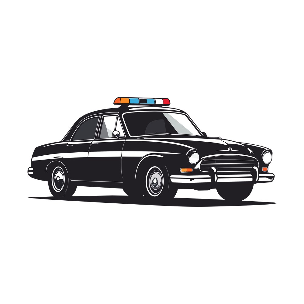 Retro police car in black and white with a red and blue roof light bar, side-front view
