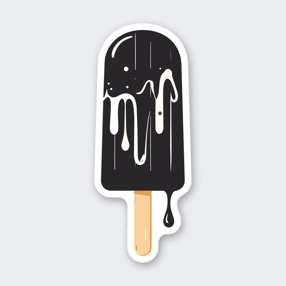 Dark popsicle with cream drips running down it, a falling drop, and a tan wooden stick