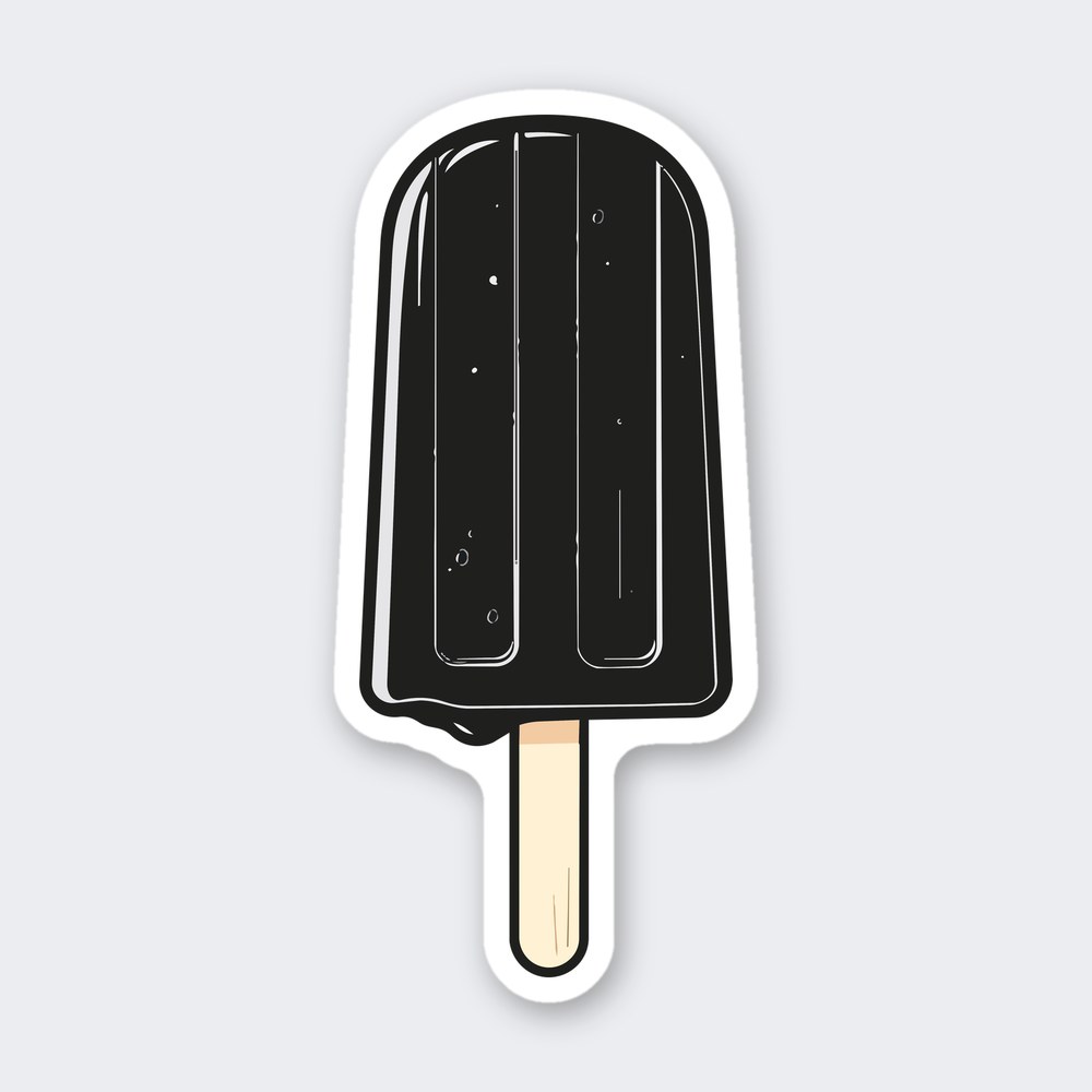 Black popsicle sticker with white highlight streaks on a pale wooden stick