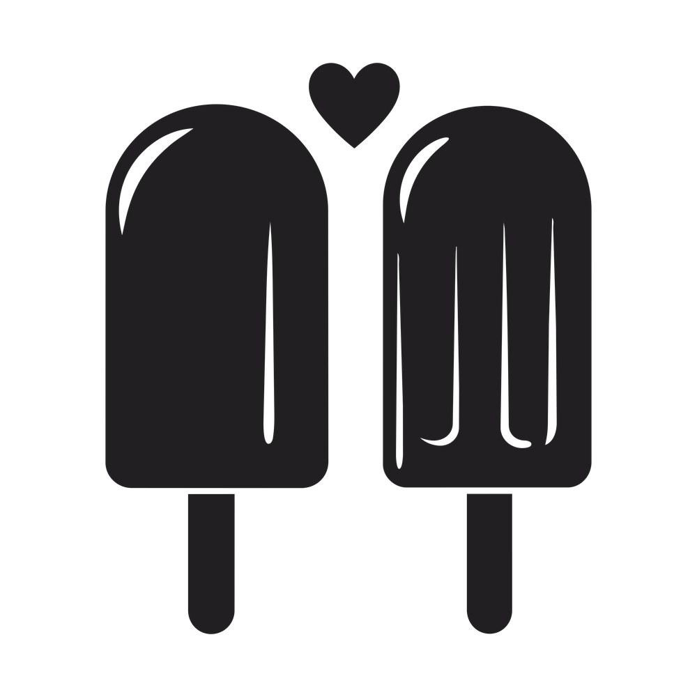 Black silhouette of two popsicles on sticks with a small heart between them