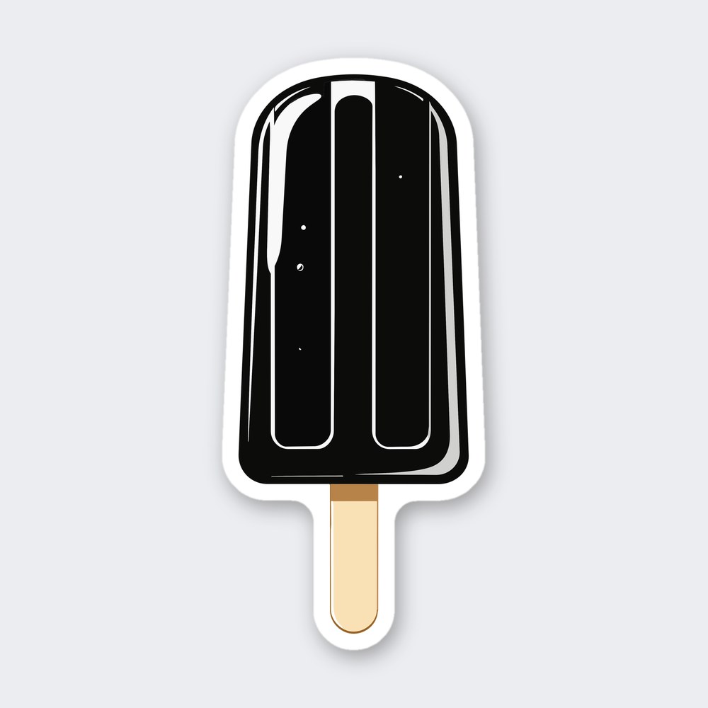 Glossy black popsicle with white highlights on a tan wooden stick, sticker style