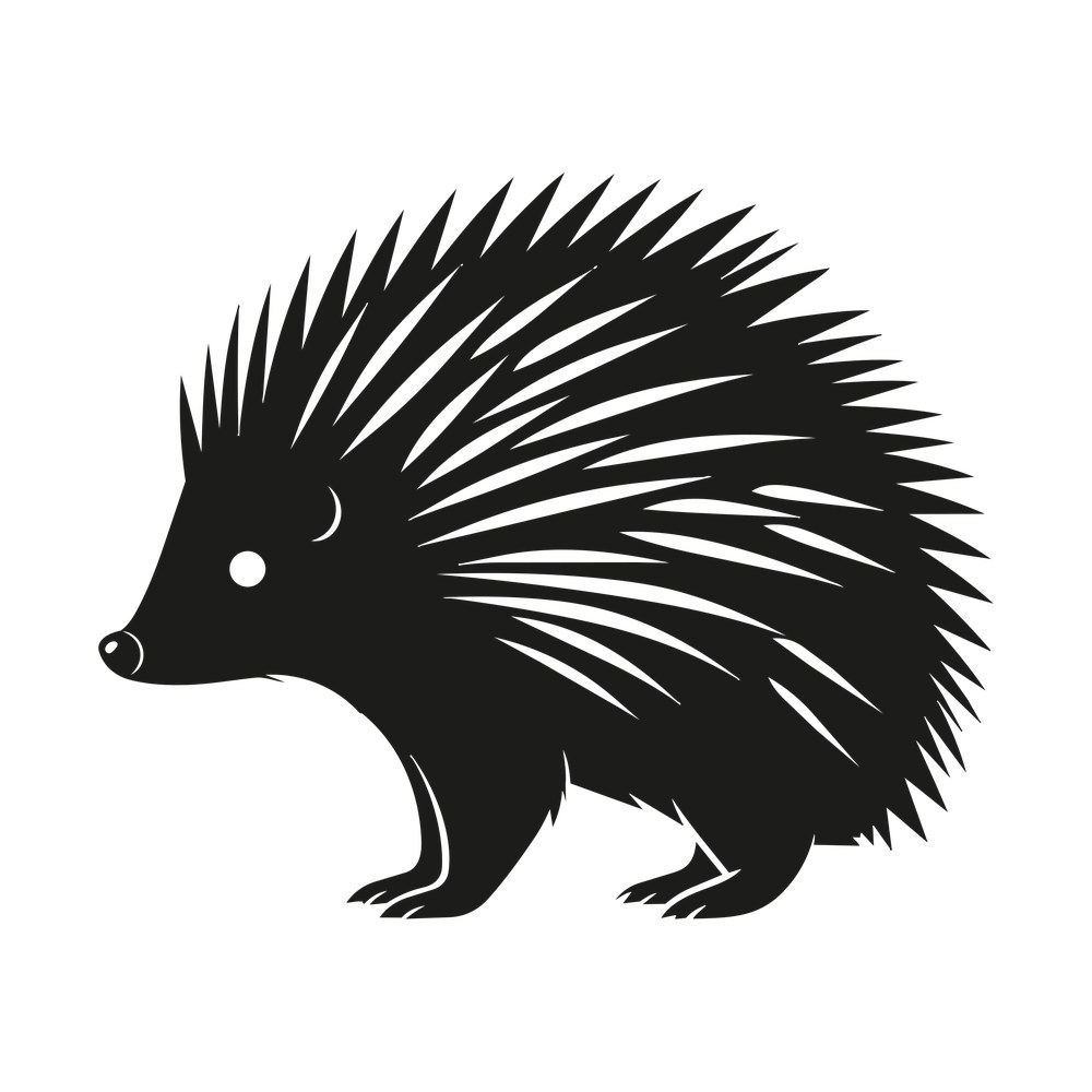 Black side-view porcupine silhouette with long spiky quills and a small round eye