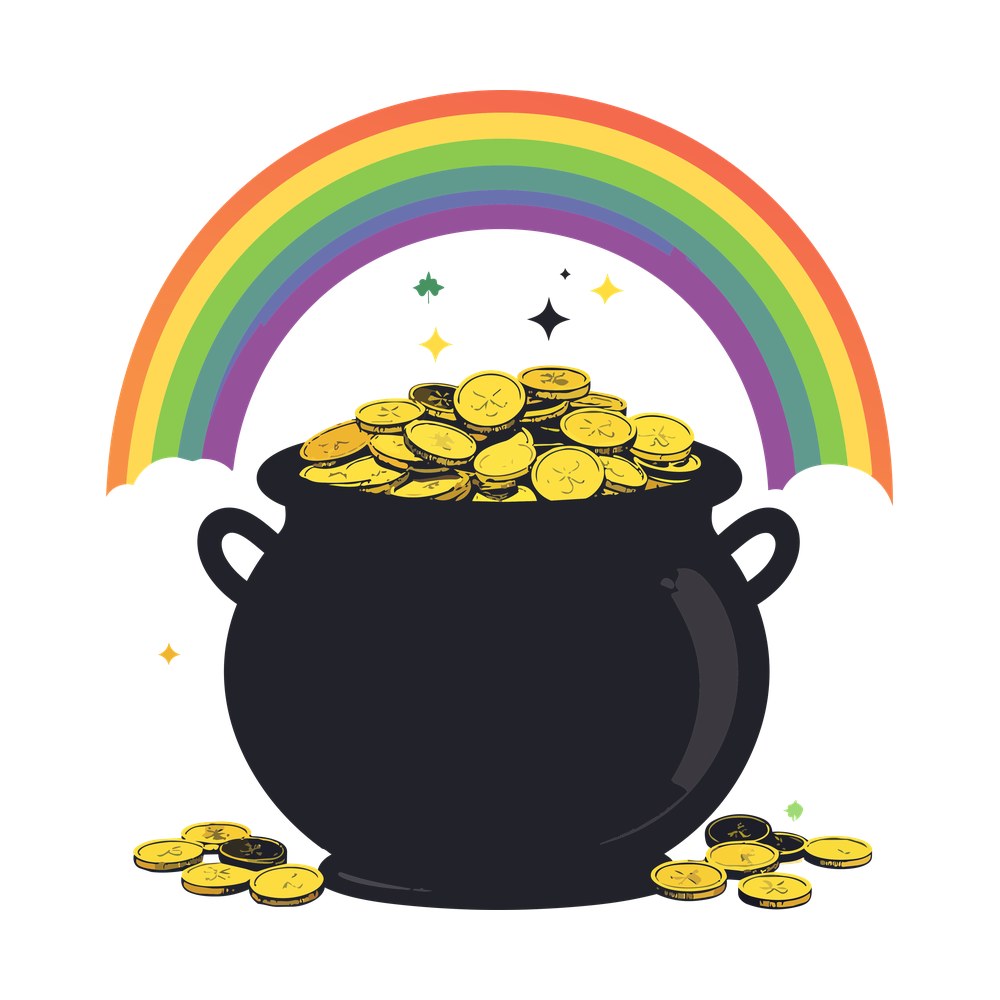 Black pot overflowing with gold shamrock coins in front of a rainbow with white clouds