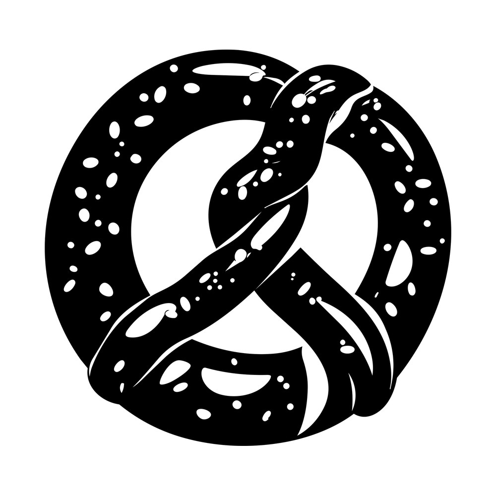 Black twisted soft pretzel silhouette with looped dough arms and scattered salt grains