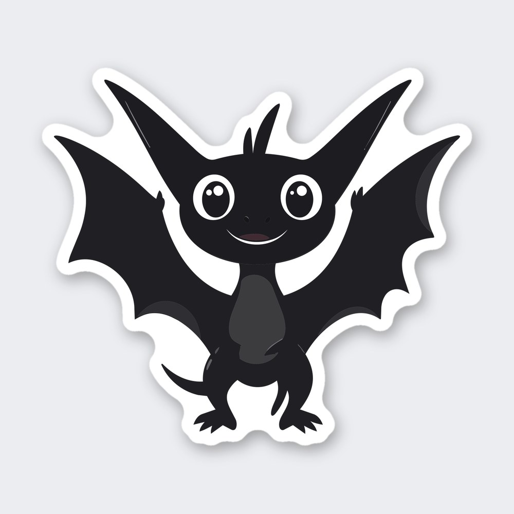 Cartoon baby pterodactyl standing with raised wings, big round eyes and a gray belly