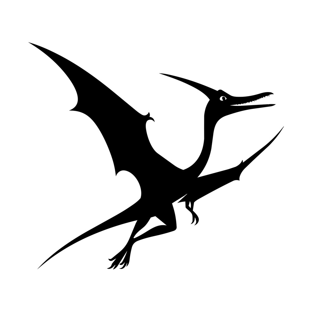 Black pterodactyl silhouette flying with spread wings, head crest and open toothed beak