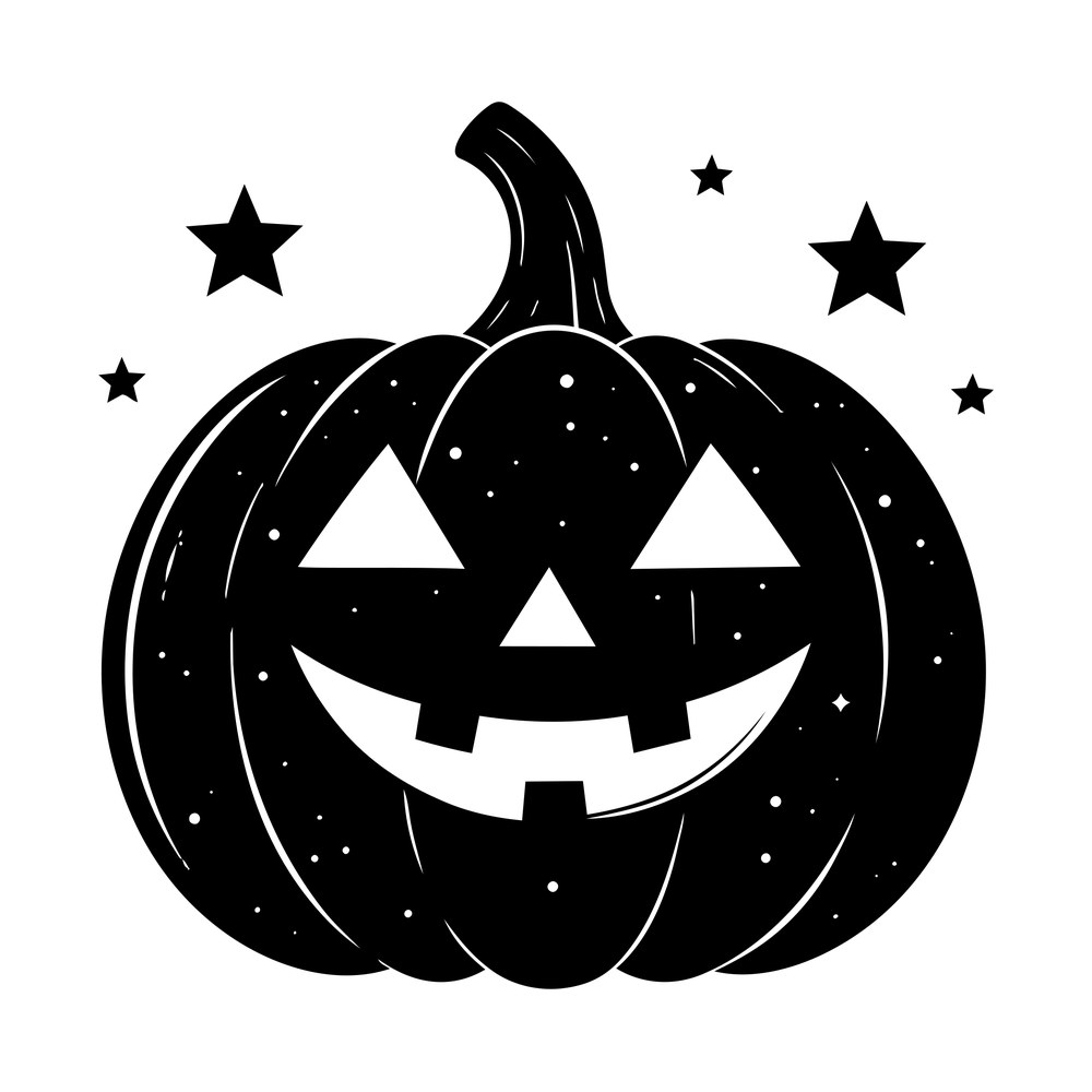 Black jack-o-lantern with triangle eyes and toothy grin, speckled and framed by stars