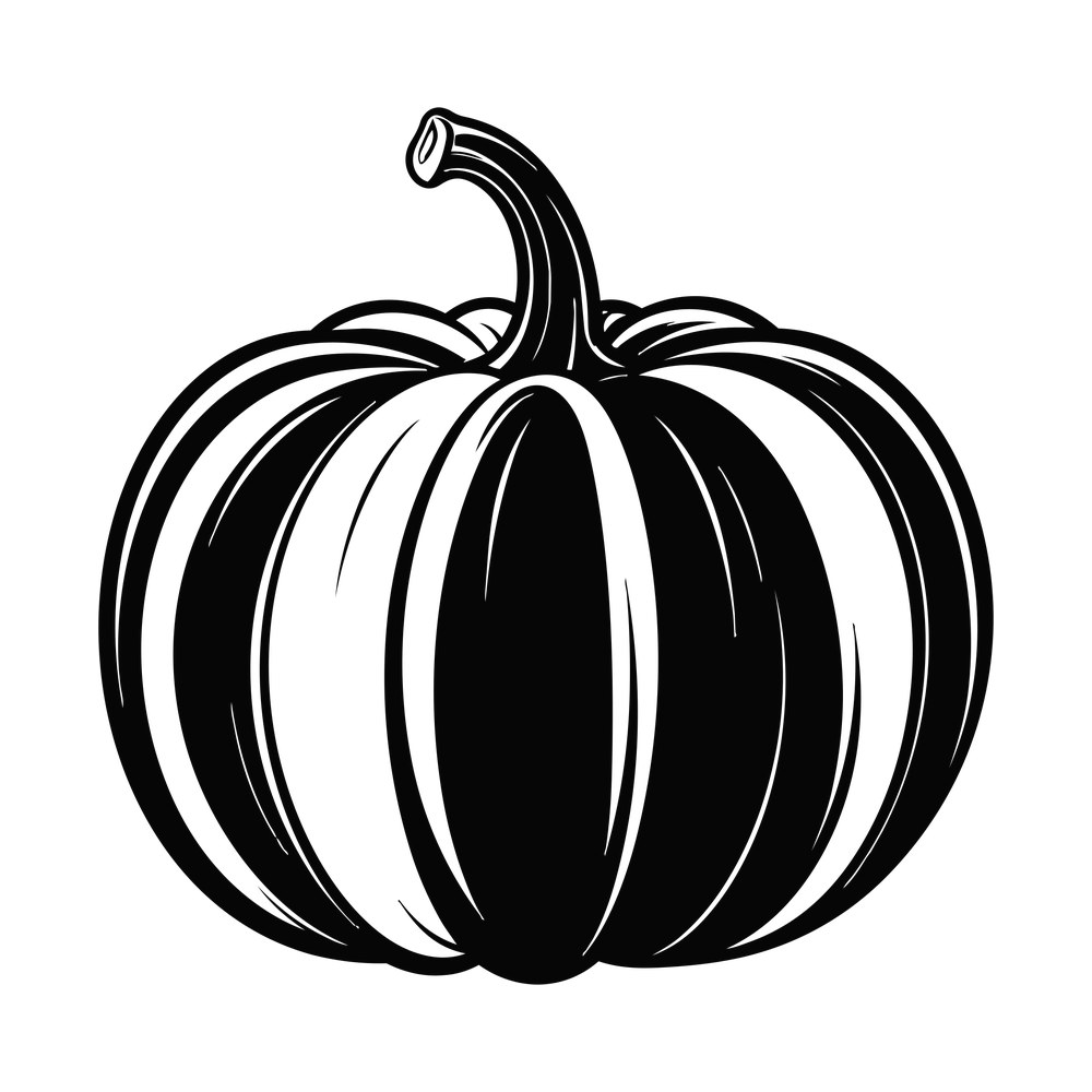 Black inked pumpkin with deep ribs, brush shading and a thick curved stem