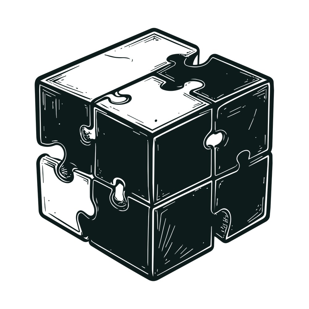 Hand-drawn black and white cube built from four interlocking jigsaw puzzle pieces