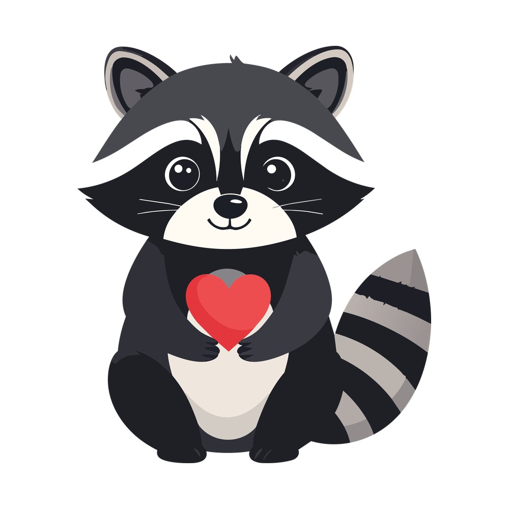 Cartoon gray raccoon with bandit mask and striped tail sitting and holding a red heart