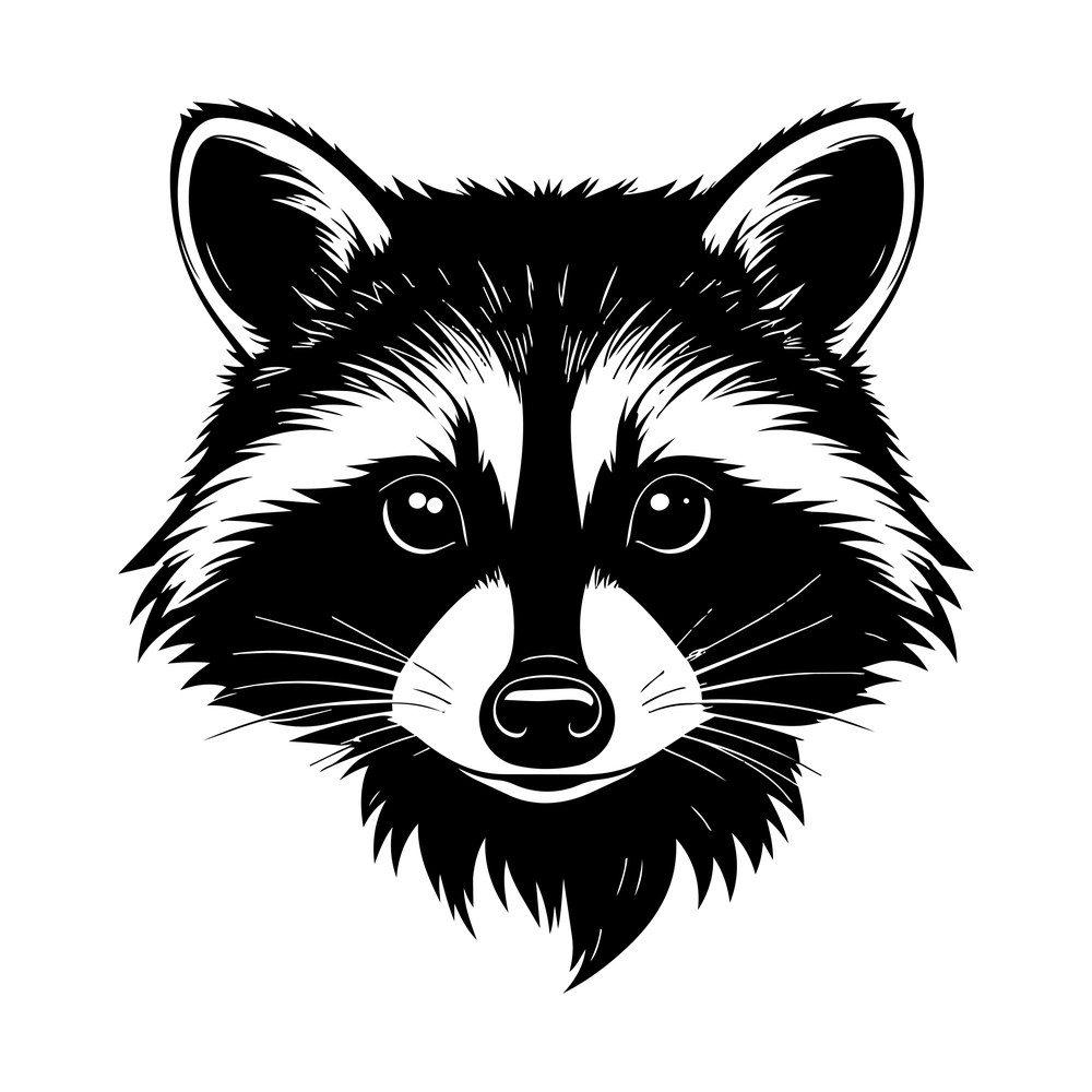 Black and white raccoon head facing forward with masked eyes, whiskers and spiky fur