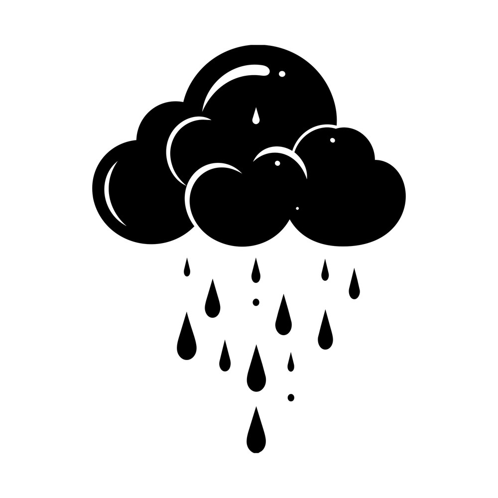 Solid black puffy cloud with white highlights and teardrop raindrops falling below